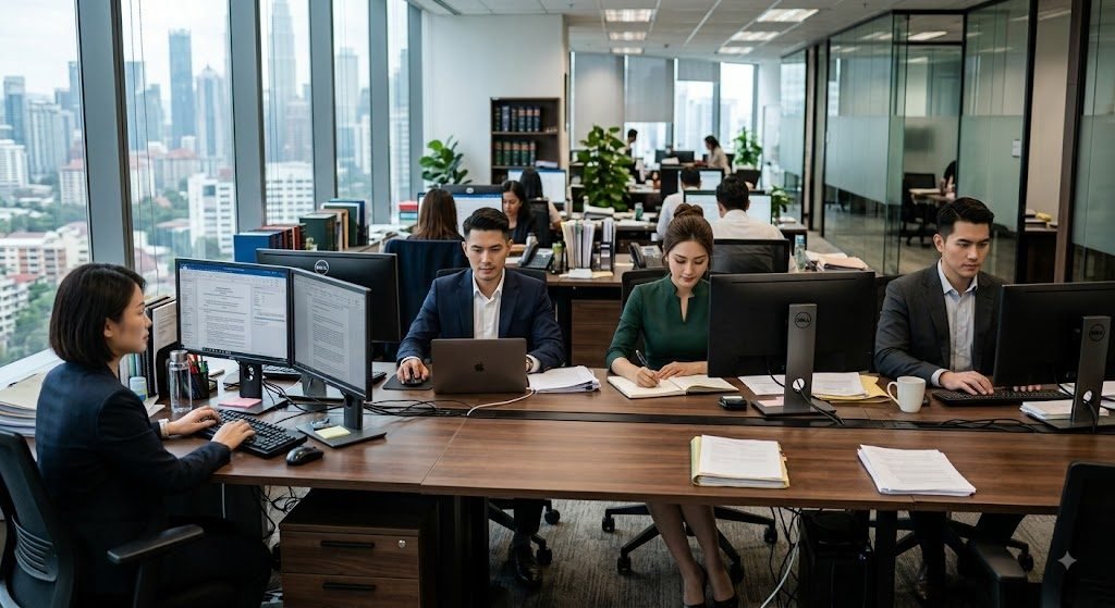 A legal support team working at desks in an open-plan office.